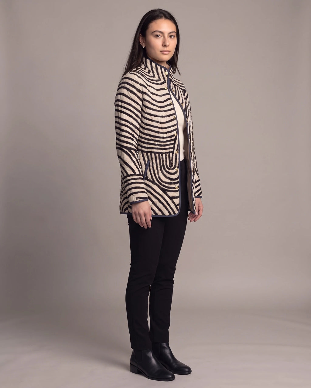 Women's Quilted Jacket with Swirl Print, Stand Collar and Contrast Piping – Hana