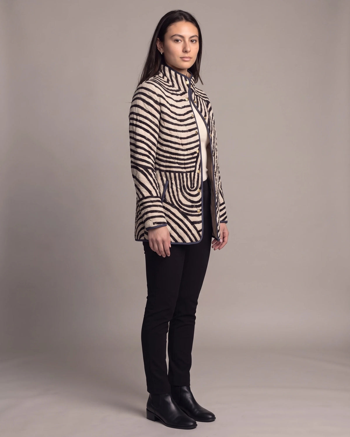 Women's Quilted Jacket with Swirl Print, Stand Collar and Contrast Piping – Hana