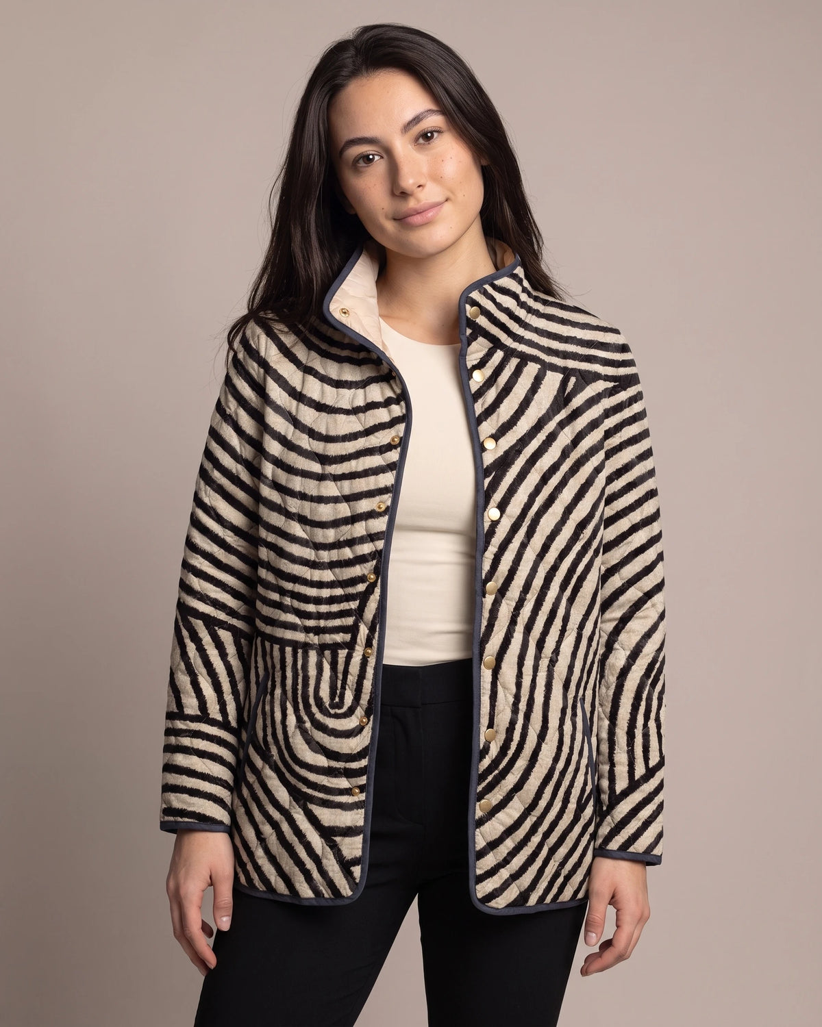 Women's Quilted Jacket with Swirl Print, Stand Collar and Contrast Piping – Hana