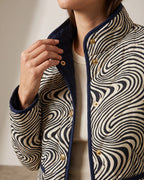 Women's Quilted Jacket with Swirl Print, Stand Collar and Contrast Piping – Hana