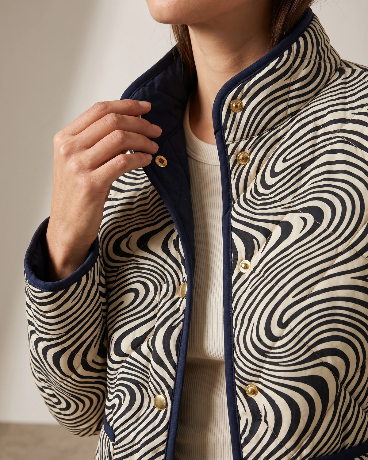 Women's Quilted Jacket with Swirl Print, Stand Collar and Contrast Piping – Hana