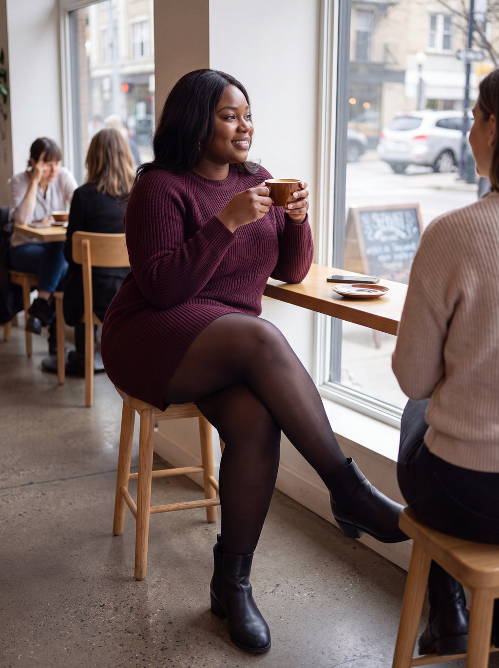 Fleece-lined tights styled for a cafe outing