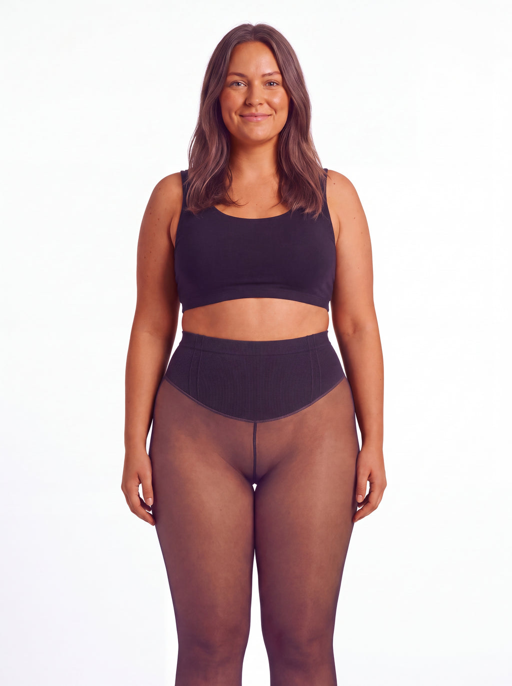 Caramel fleece-lined tights shown on an adult model with golden bronze skin