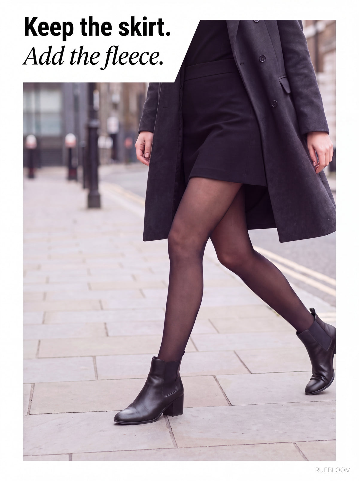 Fleece-lined tights styled with a skirt, coat and ankle boots