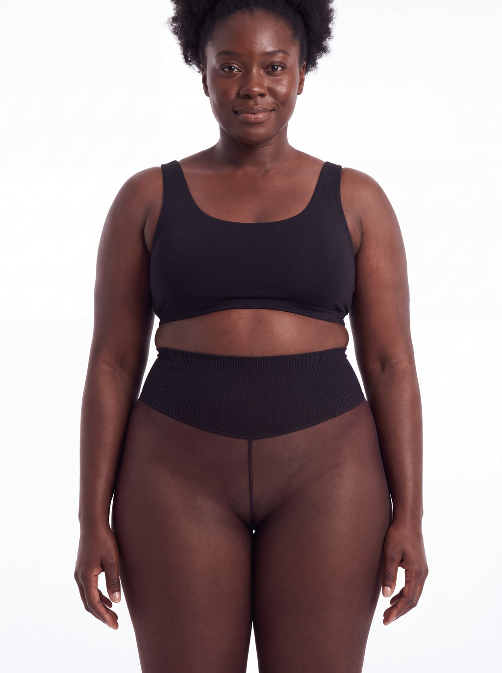 Espresso fleece-lined tights shown on an adult Black woman with deep dark brown skin