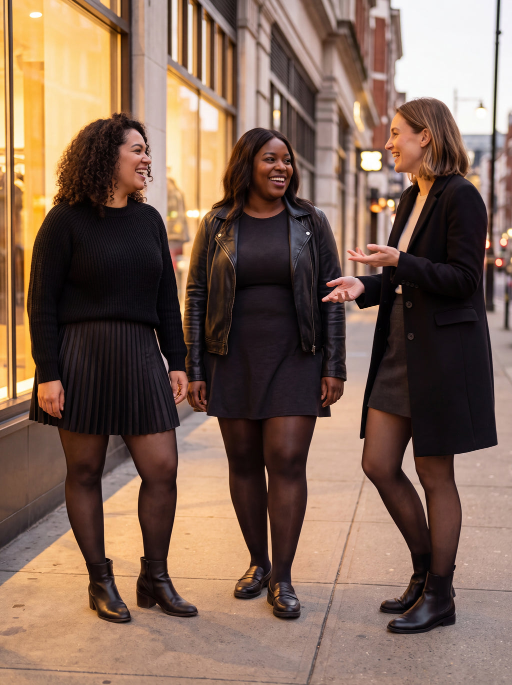 Outfit illustration of tights worn with skirts and dresses on a city outing