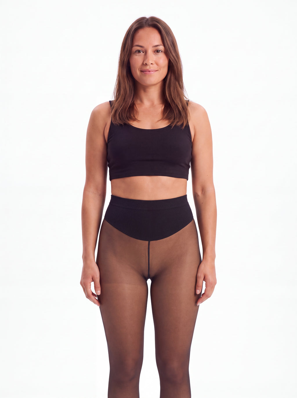 Latte fleece-lined tights shown on an adult model with medium tan skin