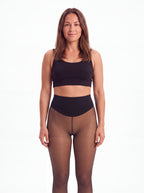 Latte fleece-lined tights shown on an adult model with medium tan skin