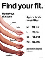 Approximate weight-based size guide and four shade references
