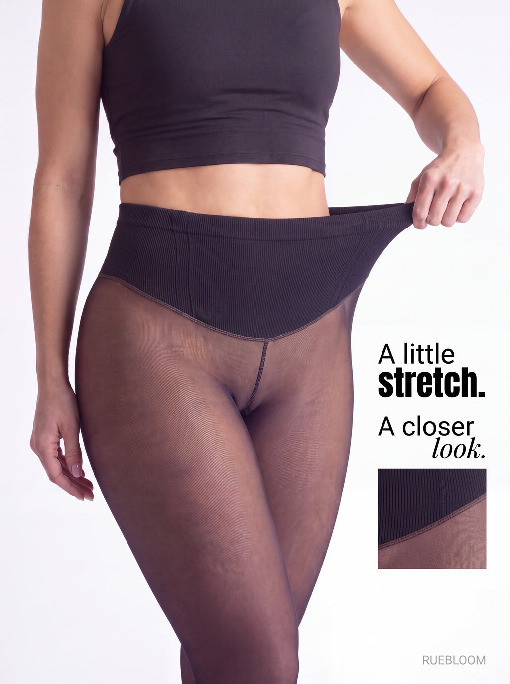 Detail of the wide high-rise waistband on the tights