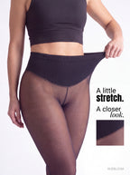 Detail of the wide high-rise waistband on the tights