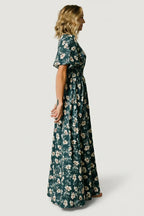 Mirelle Shirred V-Neck Maxi Dress, in slate floral, rear three-quarter view
