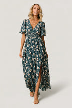 Mirelle Shirred V-Neck Maxi Dress, in slate floral, walking three-quarter view