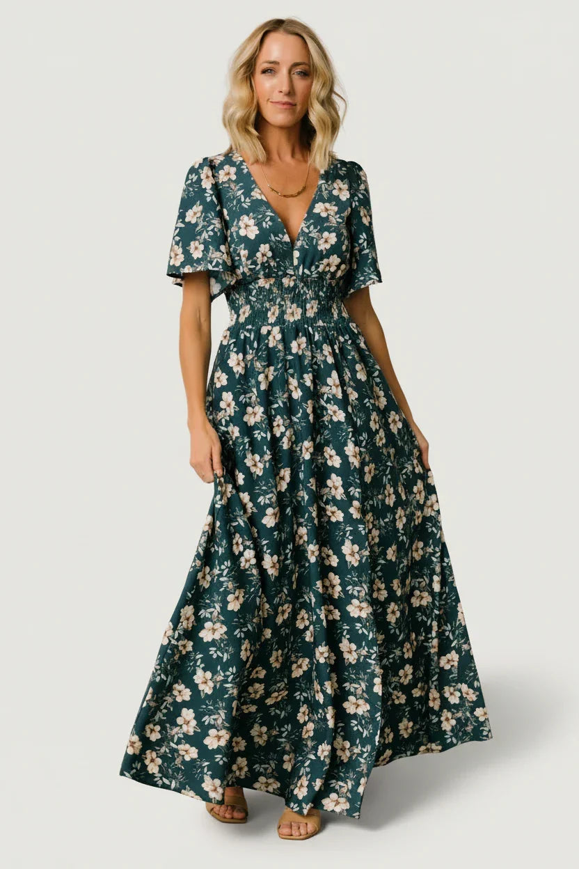 Mirelle Shirred V-Neck Maxi Dress, in slate floral, front view