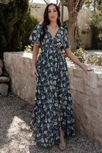 Mirelle Shirred V-Neck Maxi Dress, in slate floral, outdoor front view with skirt extended