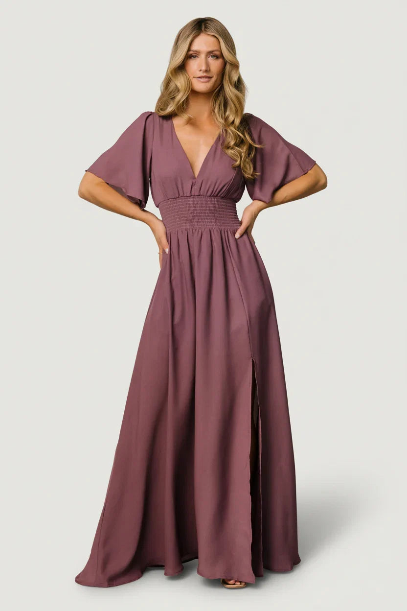 Mirelle Shirred V-Neck Maxi Dress, in vintage plum, front view