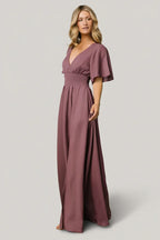 Mirelle Shirred V-Neck Maxi Dress, in vintage plum, front view