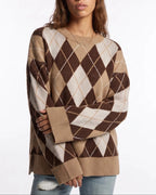 Women's Argyle Diamond Pattern Knit Jumper with Crew Neck and Ribbed Cuffs – Clara