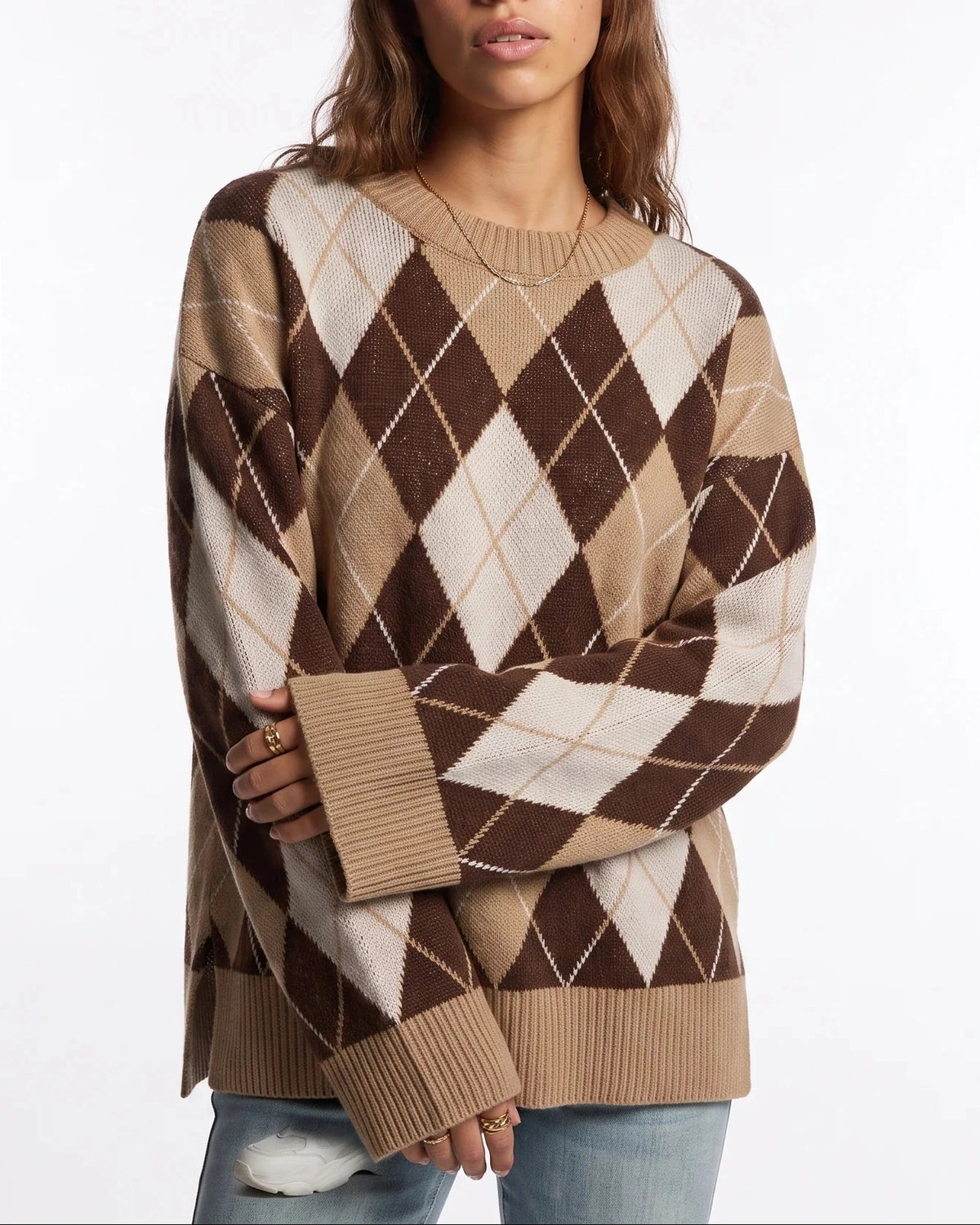 Women's Argyle Diamond Pattern Knit Jumper with Crew Neck and Ribbed Cuffs – Clara