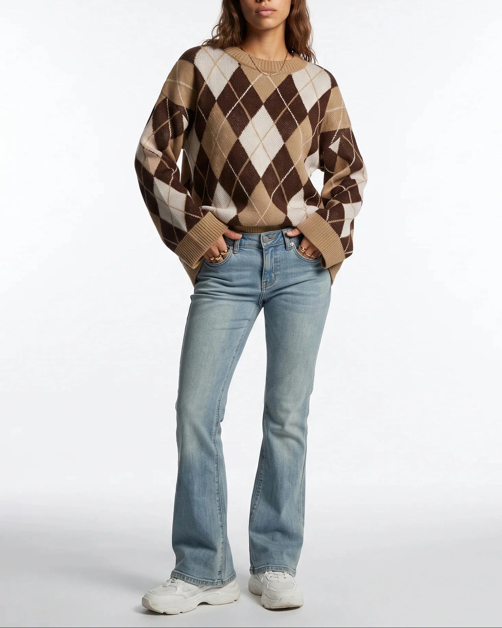 Women's Argyle Diamond Pattern Knit Jumper with Crew Neck and Ribbed Cuffs – Clara