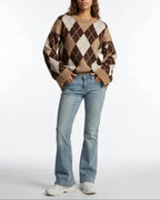 Women's Argyle Diamond Pattern Knit Jumper with Crew Neck and Ribbed Cuffs – Clara