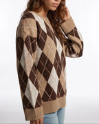 Women's Argyle Diamond Pattern Knit Jumper with Crew Neck and Ribbed Cuffs – Clara