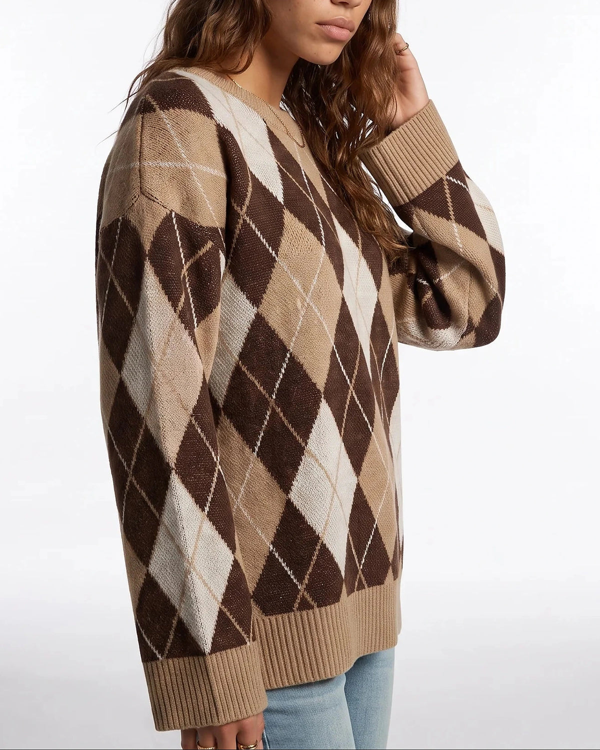 Women's Argyle Diamond Pattern Knit Jumper with Crew Neck and Ribbed Cuffs – Clara