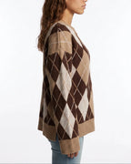 Women's Argyle Diamond Pattern Knit Jumper with Crew Neck and Ribbed Cuffs – Clara