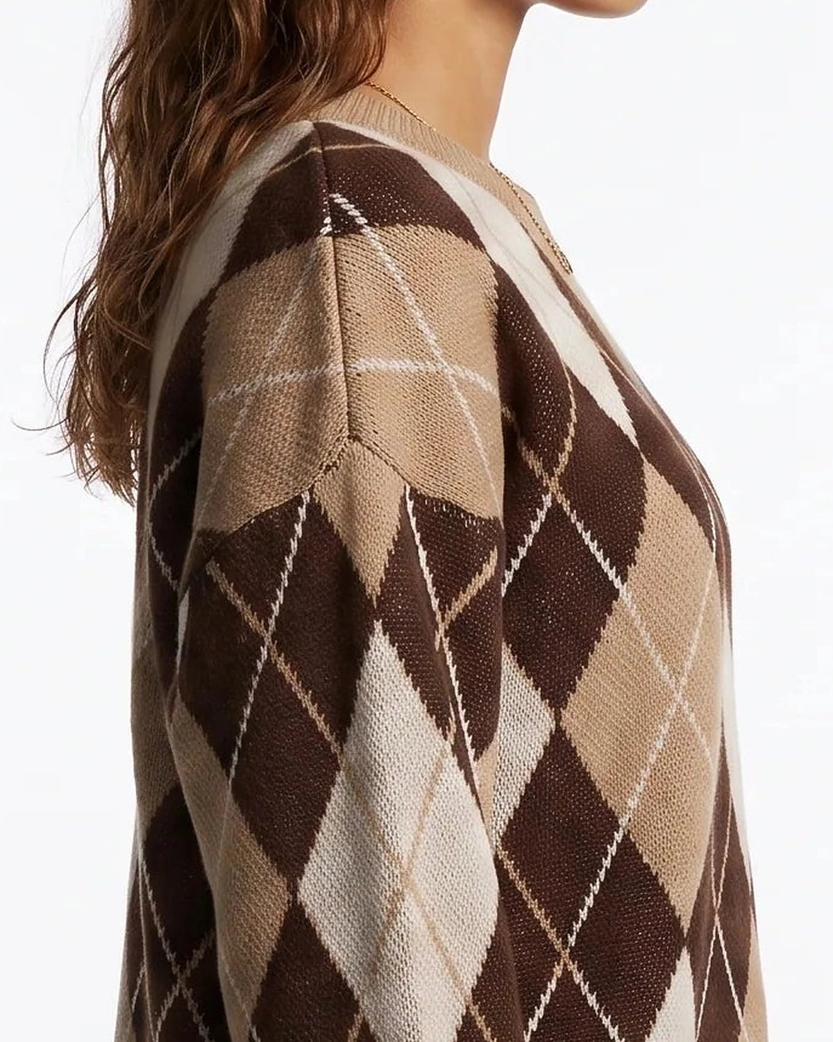 Women's Argyle Diamond Pattern Knit Jumper with Crew Neck and Ribbed Cuffs – Clara