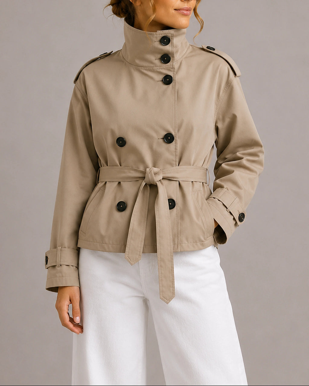 Women's Cropped Trench Coat Jacket with Belt, Stand Collar and Epaulettes in Beige – Nina
