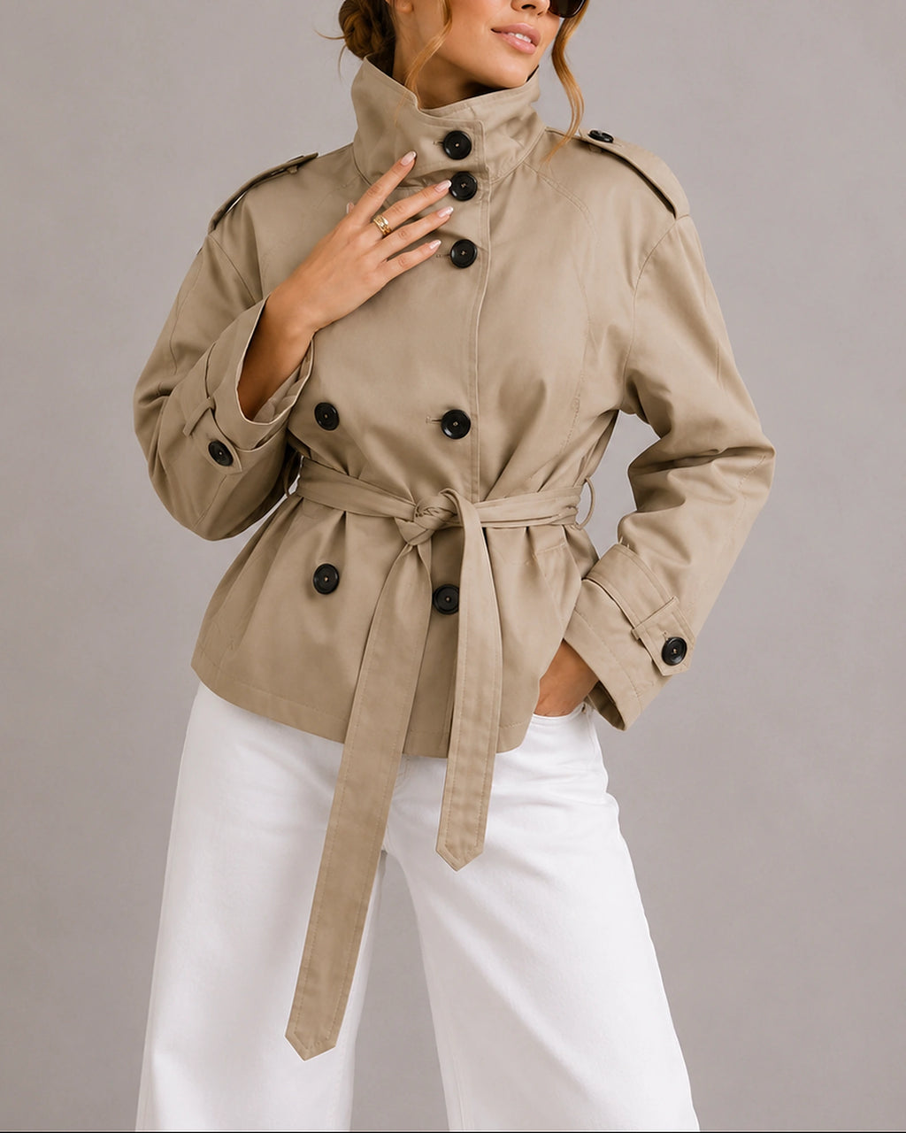 Women's Cropped Trench Coat Jacket with Belt, Stand Collar and Epaulettes in Beige – Nina