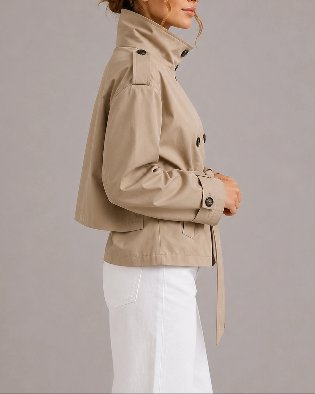 Women's Cropped Trench Coat Jacket with Belt, Stand Collar and Epaulettes in Beige – Nina