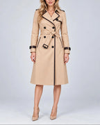 Women's Trench Coat with Belt, Contrast Trim and Epaulettes, Double Breasted Long Coat – Pippa