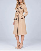 Women's Trench Coat with Belt, Contrast Trim and Epaulettes, Double Breasted Long Coat – Pippa