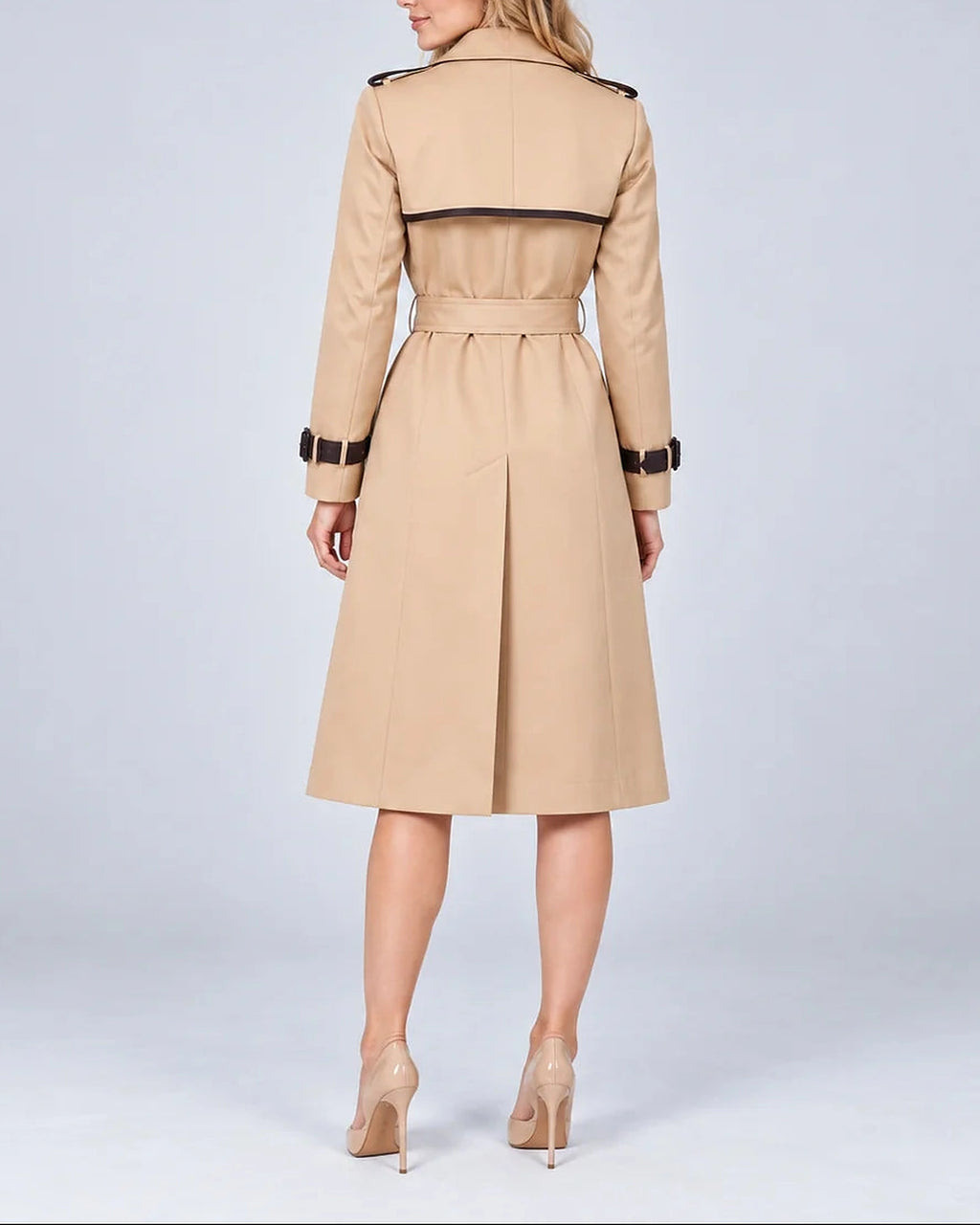 Women's Trench Coat with Belt, Contrast Trim and Epaulettes, Double Breasted Long Coat – Pippa