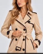 Women's Trench Coat with Belt, Contrast Trim and Epaulettes, Double Breasted Long Coat – Pippa