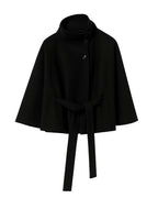 Women's Belted Cape Coat with Stand Collar and Button Front – Blair Grey