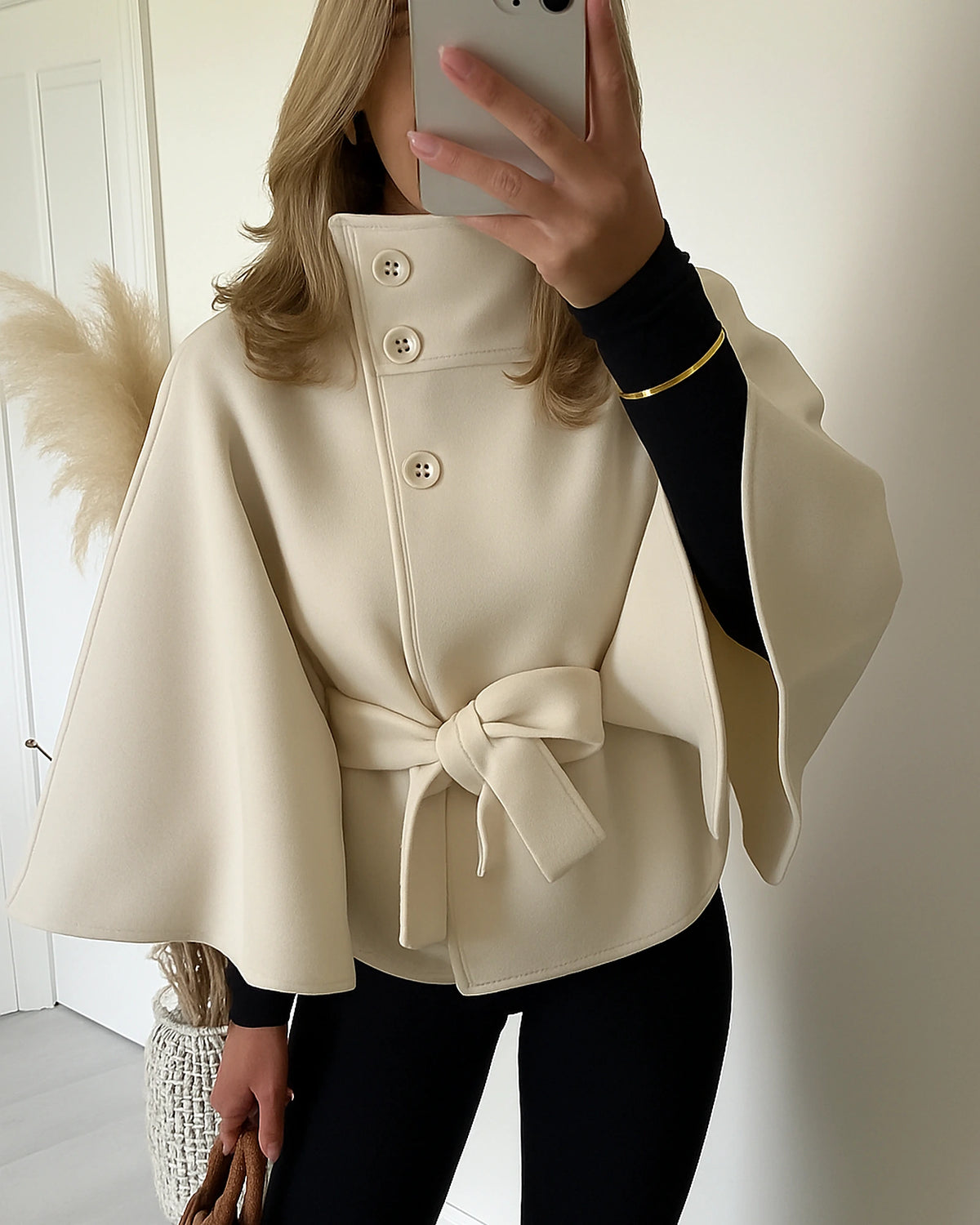 Women's Belted Cape Coat with Stand Collar and Button Front – Blair Grey