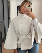 Women's Belted Cape Coat with Stand Collar and Button Front – Blair Grey