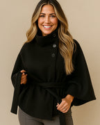 Women's Belted Cape Coat with Stand Collar and Button Front – Blair Grey