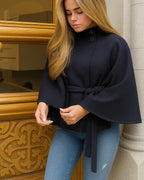 Women's Belted Cape Coat with Stand Collar and Button Front – Blair Grey
