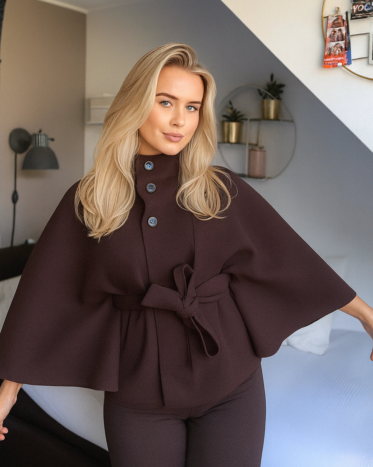 Women's Belted Cape Coat with Stand Collar and Button Front – Blair Grey