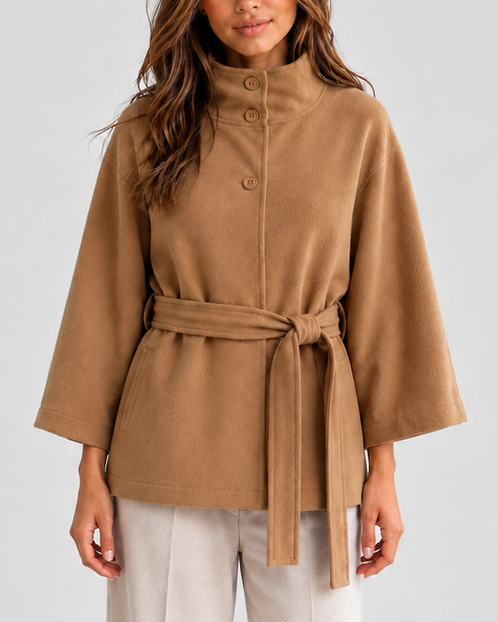Women's Cape Jacket with Belt, Stand Collar and Kimono Sleeves, Belted Cape Silhouette – Ivy