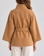 Women's Cape Jacket with Belt, Stand Collar and Kimono Sleeves, Belted Cape Silhouette – Ivy
