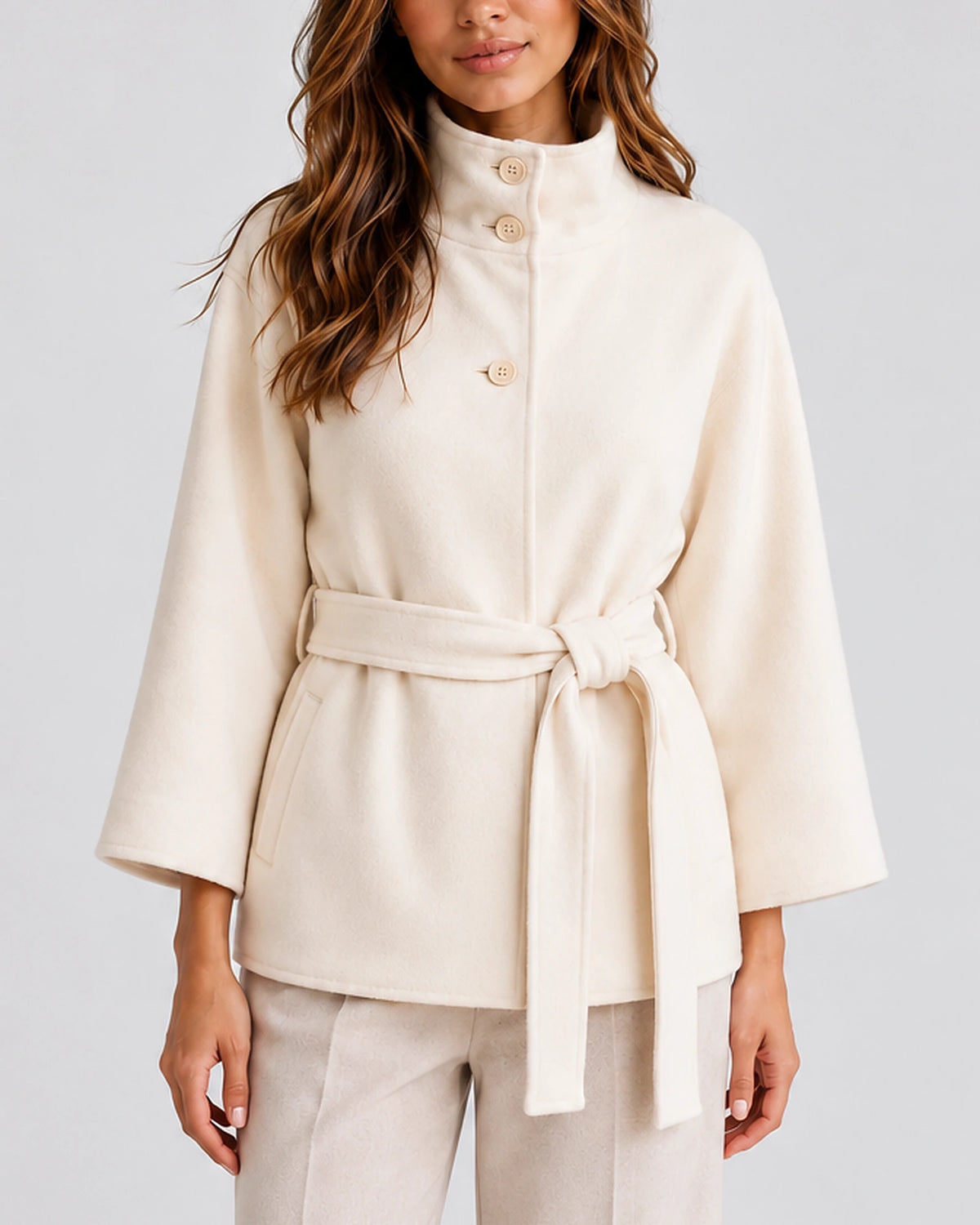 Women's Cape Jacket with Belt, Stand Collar and Kimono Sleeves, Belted Cape Silhouette – Ivy