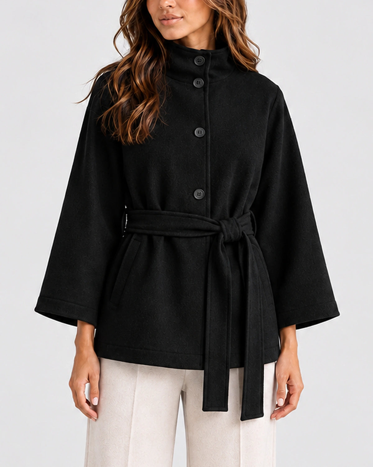 Women's Cape Jacket with Belt, Stand Collar and Kimono Sleeves, Belted Cape Silhouette – Ivy