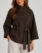 Women's Cape Jacket with Belt, Stand Collar and Kimono Sleeves, Belted Cape Silhouette – Ivy