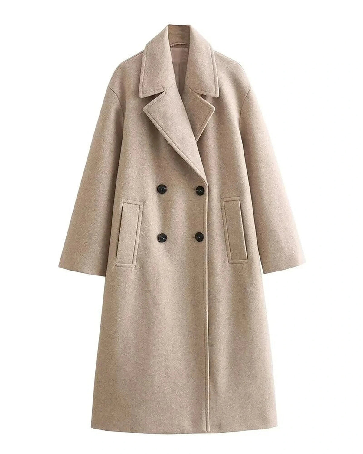 Women's Long Wool Coat, Double-Breasted with Notched Lapel Collar and Belt – Margot