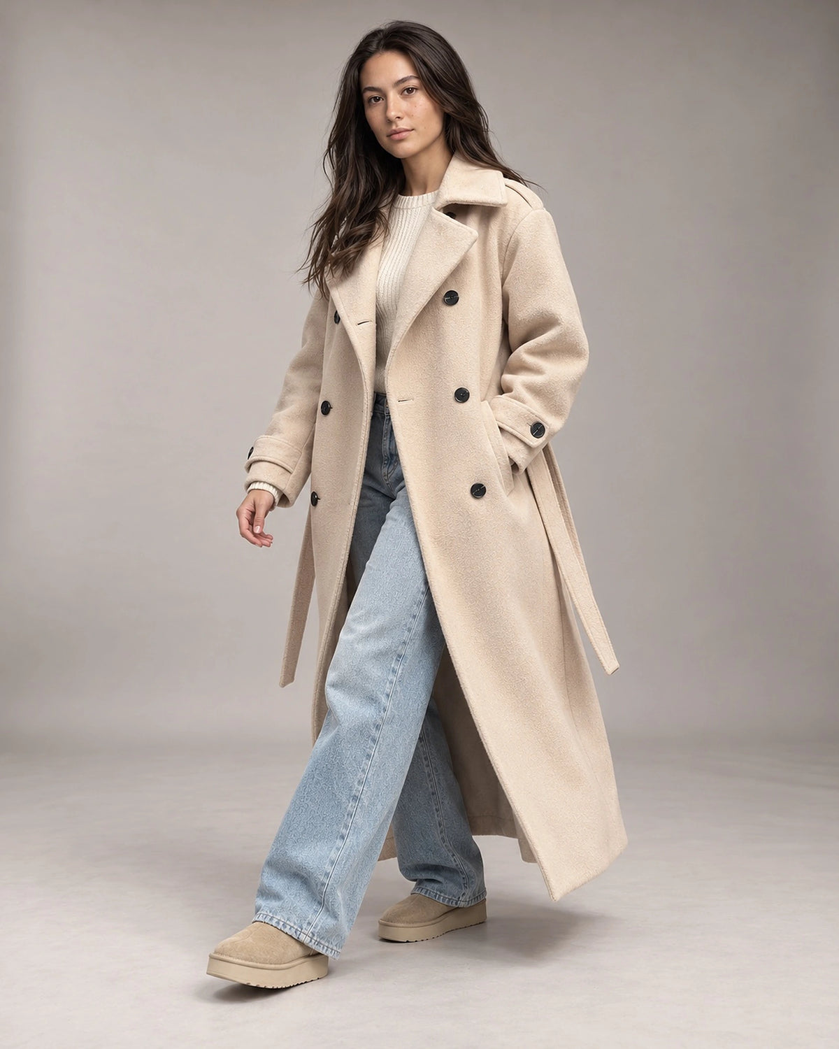 Women's Long Wool Coat, Double-Breasted with Notched Lapel Collar and Belt – Margot