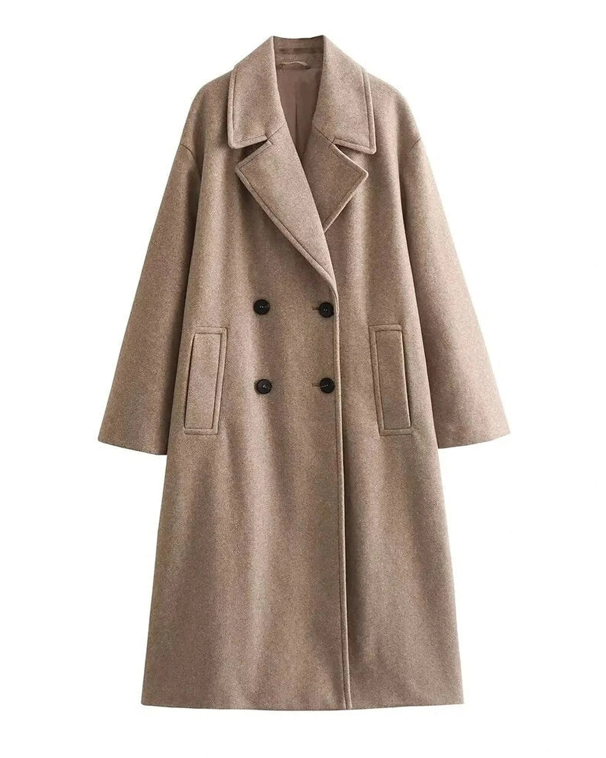 Women's Long Wool Coat, Double-Breasted with Notched Lapel Collar and Belt – Margot
